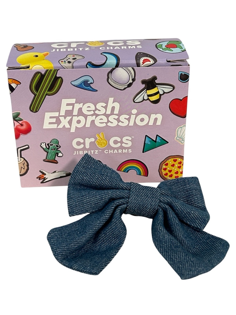 CROCS Denim Blue Fabric Bow Jibbitz Shoe Charm with Crocs Gift Box included-NEW